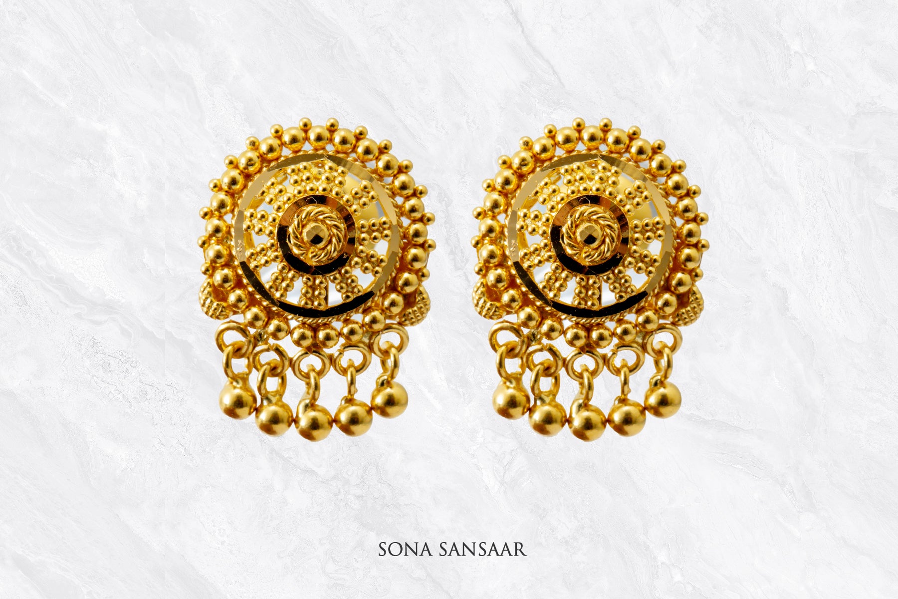 Jeevika Gold Culcutti Hanging Studs with Dangling Balls | Sona Sansaar