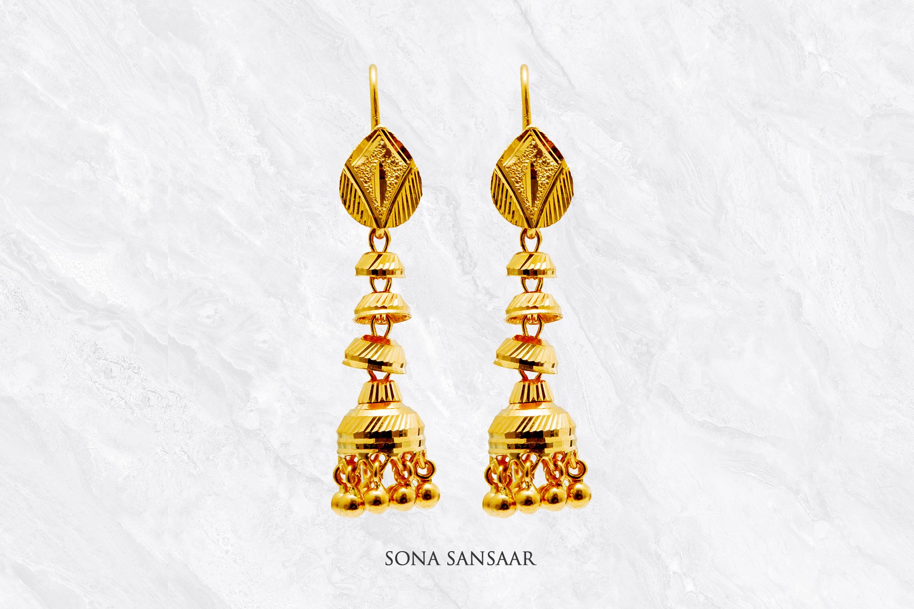 Triveni Gold Hoops with Jhumka Hangings | Sona Sansaar