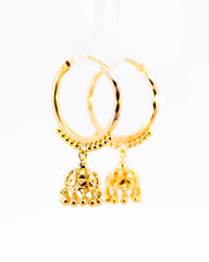 22K Yellow Gold Diamond-Cut Hoop Earrings with Chandelier Bell Drops