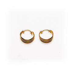 Classic 22K Yellow Gold Triple-Ribbed Huggie Hoop Earrings | 2.1g Solid High-Polish Gold, Timeless Plain Textured Everyday Fine Jewelry