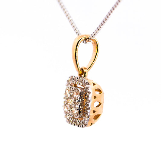 18K Gold Two-Tone Cushion Halo Diamond Cluster Pendant | Brilliant VS-GH Diamond Centerpiece, Pave-Set Border, Elegant Double-Layer Geometric Fine Jewelry