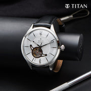 Silver Dial Leather Automatic Watch - 90111SL01