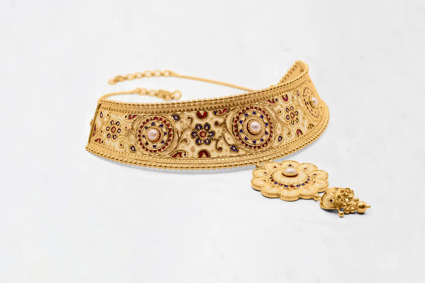 22kt gold indian meenakari and pearl choker necklace