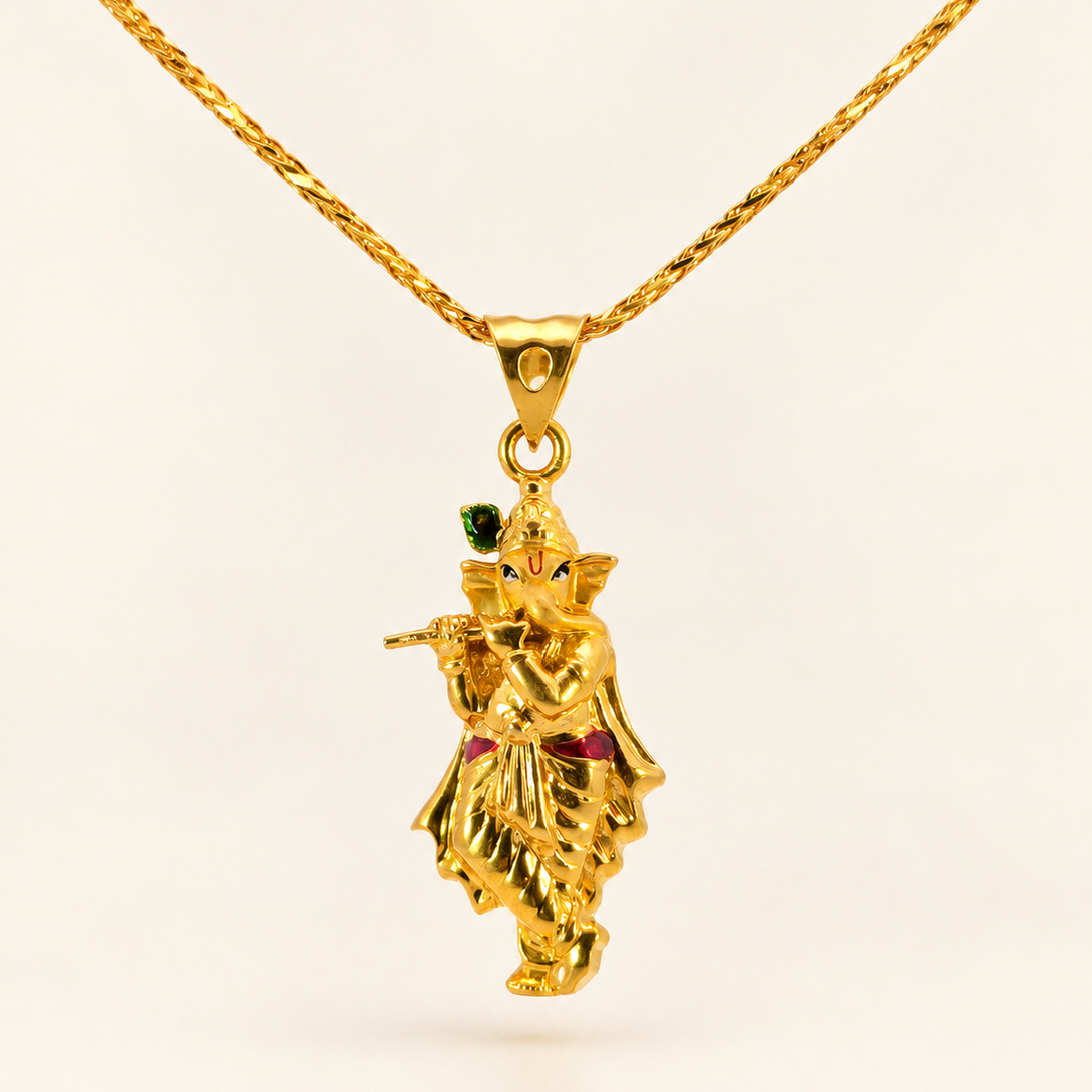22K Yellow Gold Lord Ganesh Krishna Fusion Divine Pendant