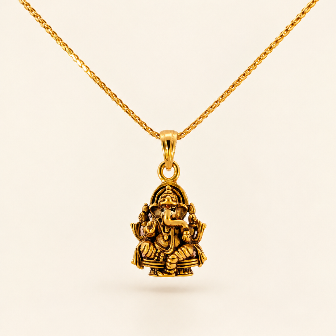 22K Yellow Gold Seated Lord Ganesh Antique-Finish Devotional Pendant