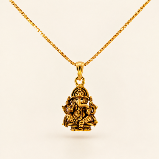 22K Yellow Gold Seated Lord Ganesh Antique-Finish Devotional Pendant