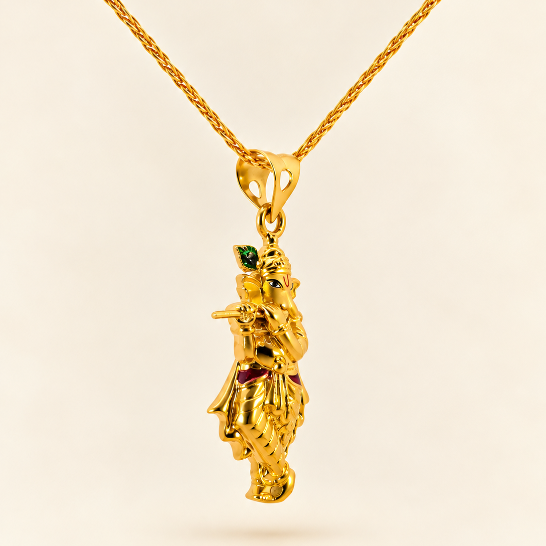 22K Yellow Gold Lord Ganesh Krishna Fusion Divine Pendant