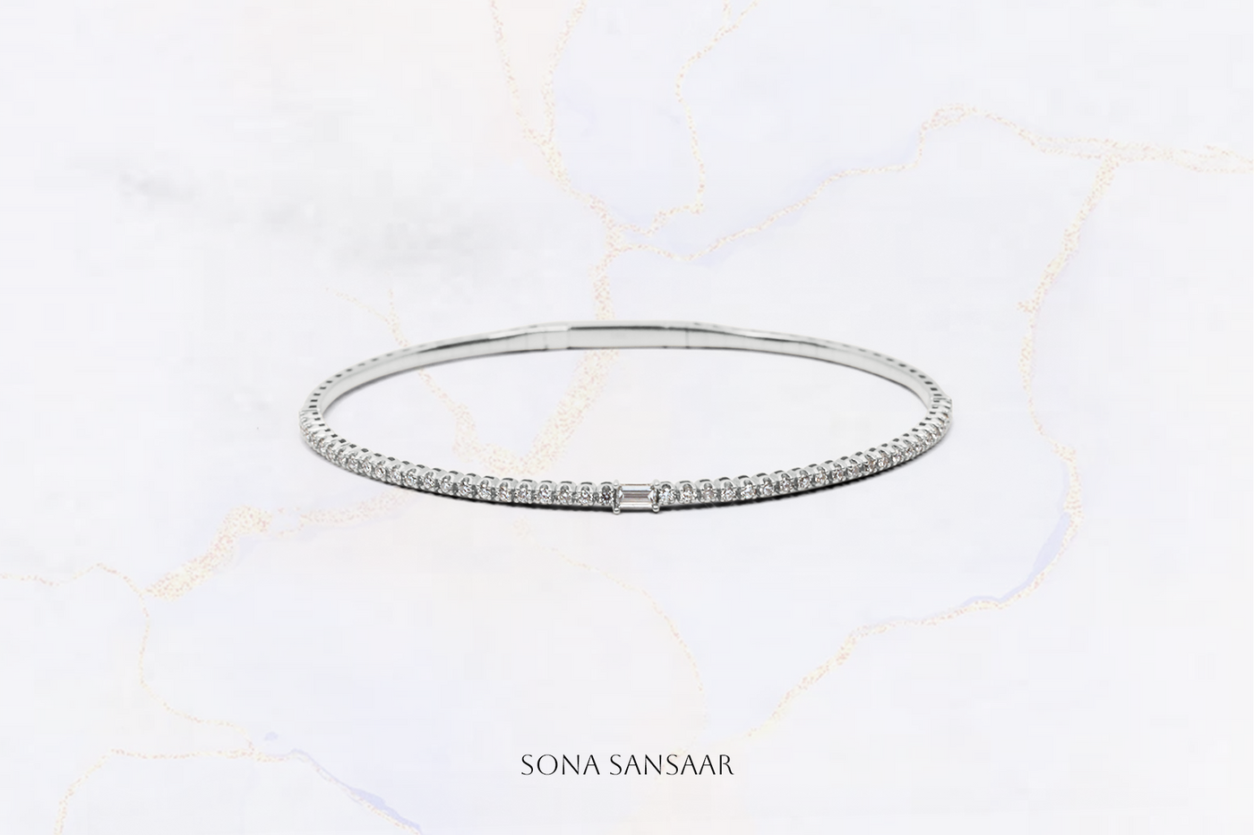 18K White Gold Flexi Bangle with Rectangular Diamond Centerpiece | Sona Sansaar