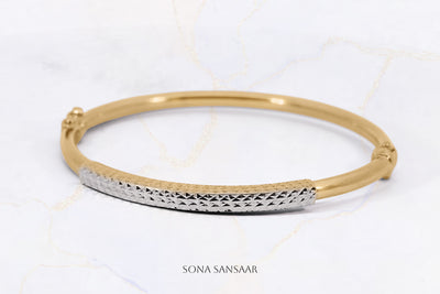 Sheen Two-Toned Spring Clasp Gold Bangle | Sona Sansaar
