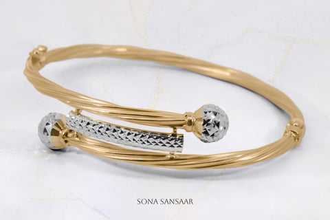 Connected Beads Two-Toned Spring Clasp Gold Bangle | Sona Sansaar