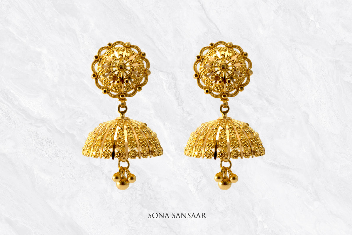 Sunflare Gold Jumka Earrings | Sona Sansaar