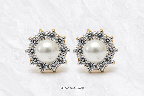 Pearl Crown CZ Studs | Sona Sansaar