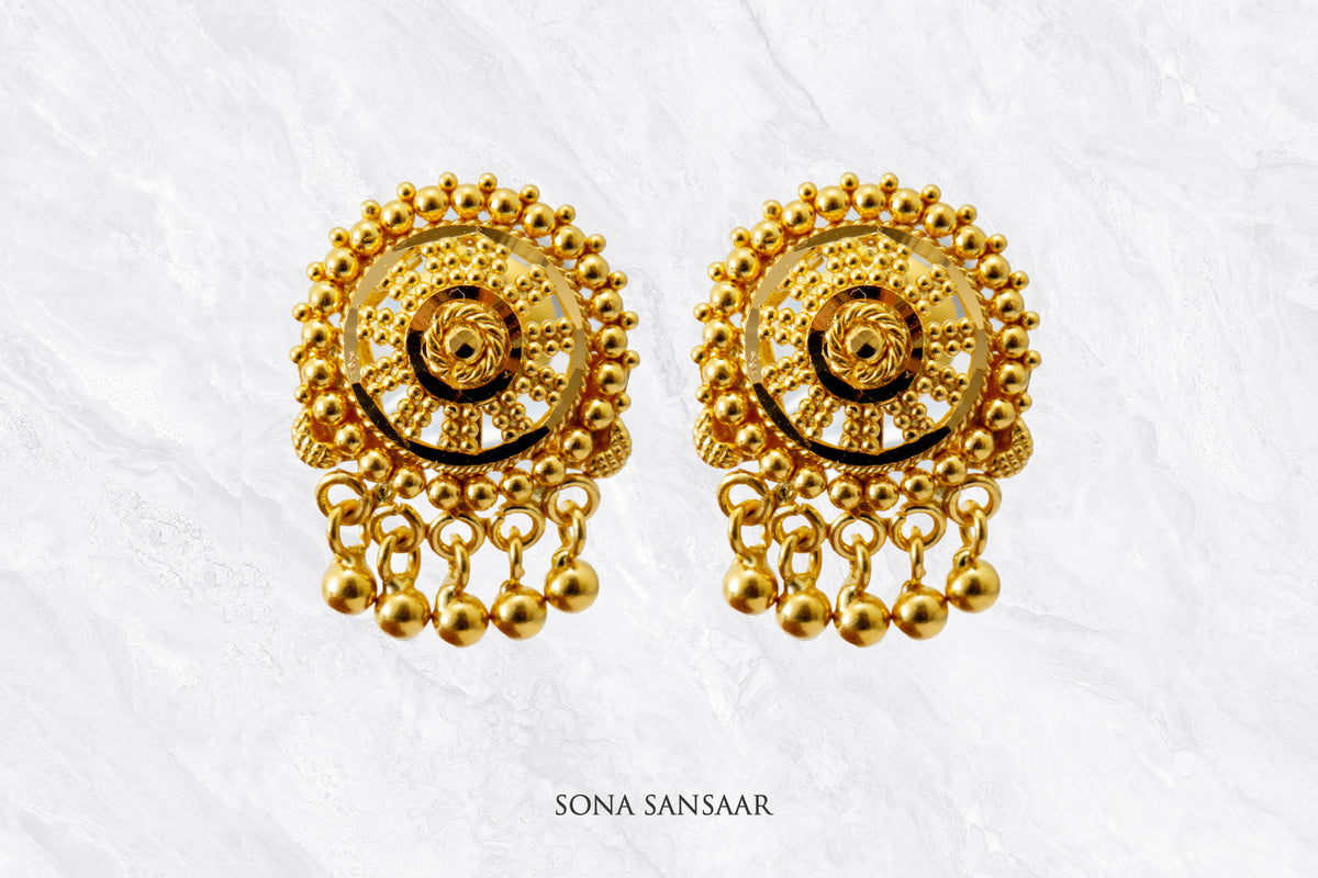 Jeevika Gold Culcutti Hanging Studs with Dangling Balls | Sona Sansaar
