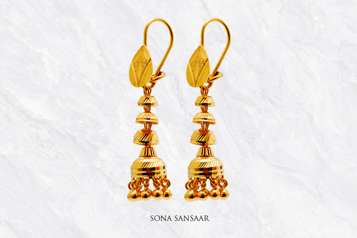 Triveni Gold Hoops with Jhumka Hangings | Sona Sansaar