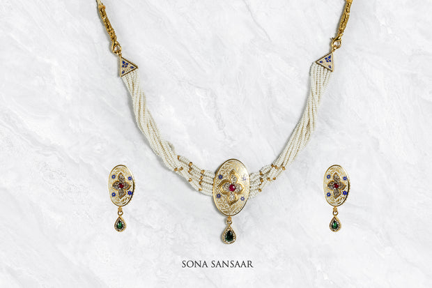 Jewel Crest Pearl Necklace Set | Sona Sansaar