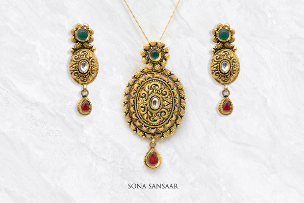 Aegis Gold Pendant and Earrings Set | Sona Sansaar