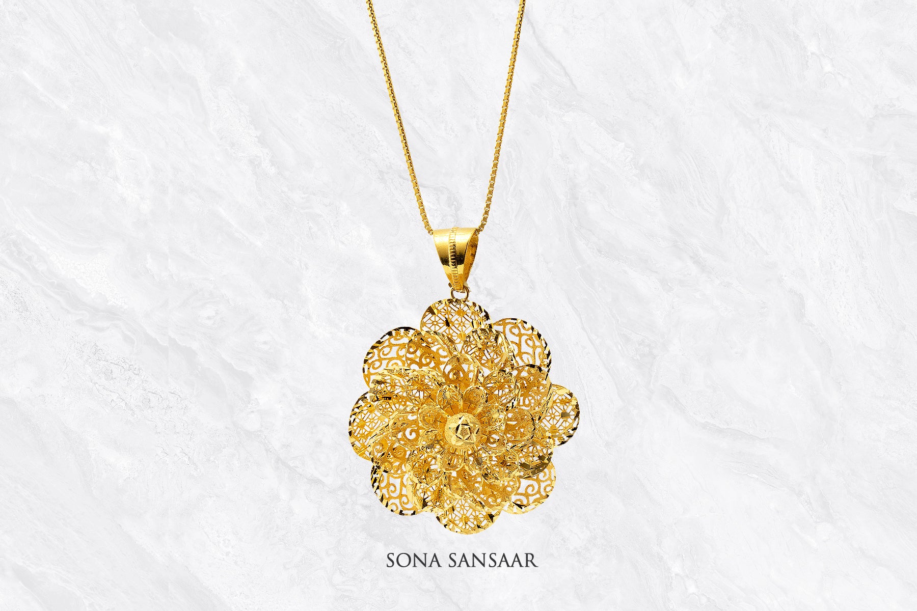 Blossom Gold Mesh Flower Pendant | Sona Sansaar
