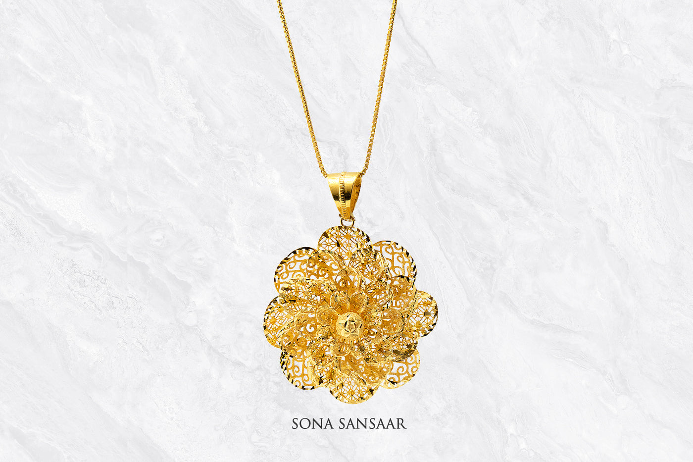 Blossom Gold Mesh Flower Pendant | Sona Sansaar