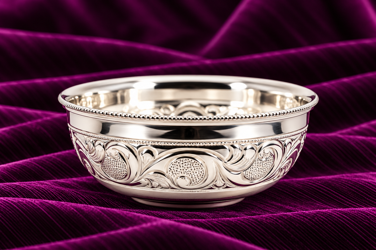 Silver Carved Floral Scroll Bowl Katori