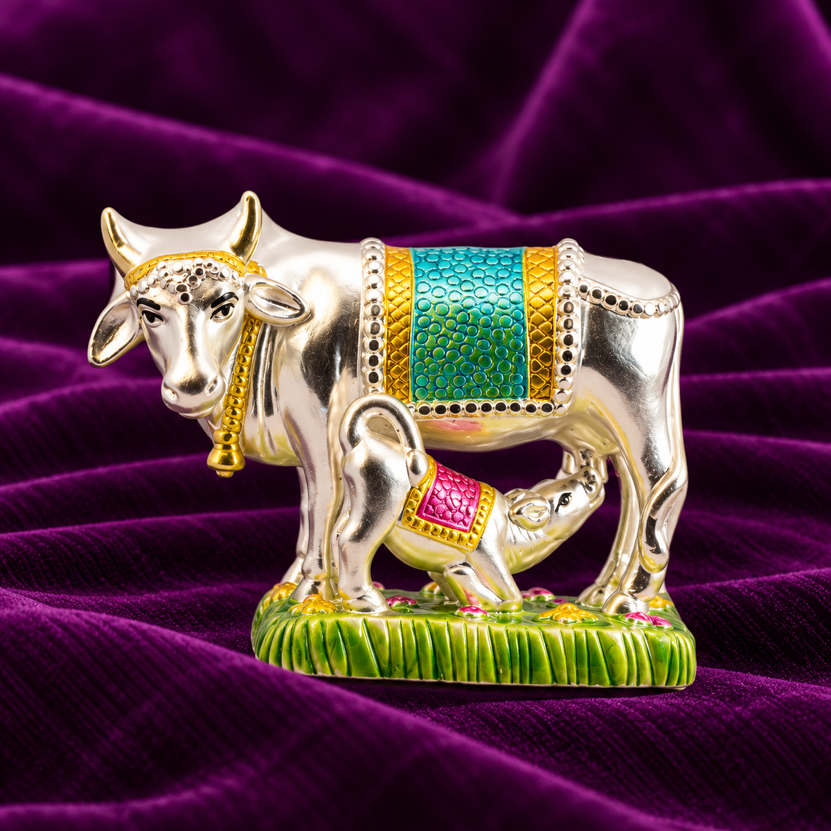 Silver Kamdhenu Cow and Calf Idol