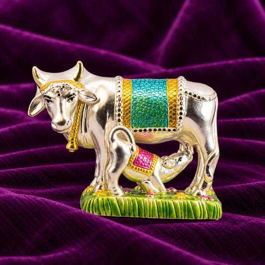 Silver Kamdhenu Cow and Calf Idol