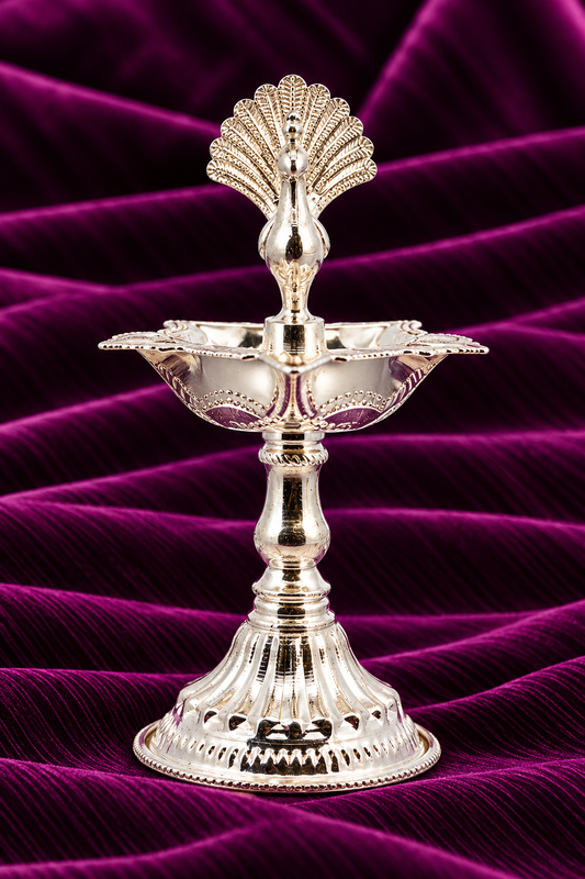 Silver Small Peacock Mayur Samai Diya Stand