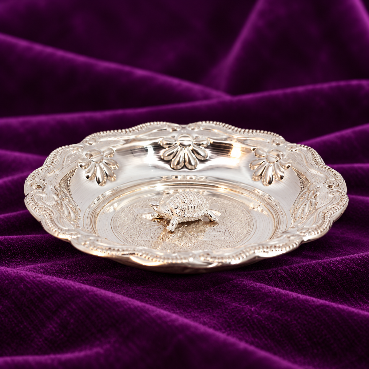 Silver Floral Border Plate with Detachable Tortoise Kachua