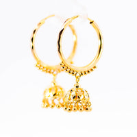 Thumbnail for 22K Yellow Gold Diamond-Cut Hoop Earrings with Chandelier Bell Drops