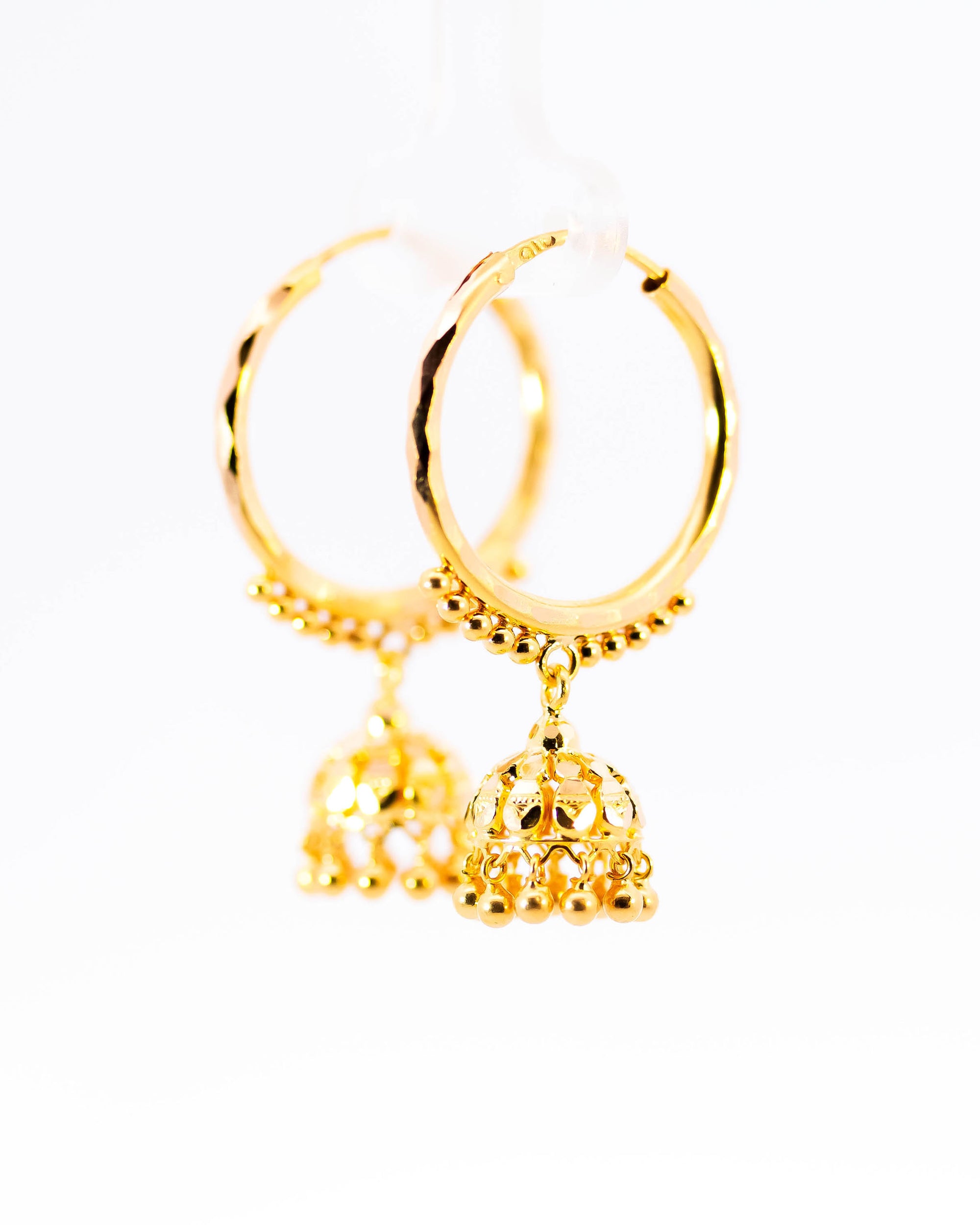 22K Yellow Gold Diamond-Cut Hoop Earrings with Chandelier Bell Drops