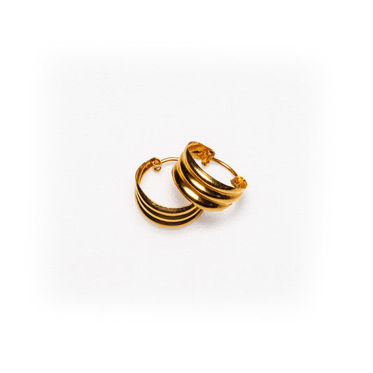 Classic 22K Yellow Gold Triple-Ribbed Huggie Hoop Earrings | 2.1g Solid High-Polish Gold, Timeless Plain Textured Everyday Fine Jewelry