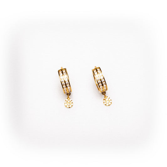 Luxury 22K Yellow Gold Dual-Row Cubic Zirconia Huggie Hoop Earrings | 1.55g High-Purity Solid Gold, Elegant Pavé Hoops with Hanging Disc Charms