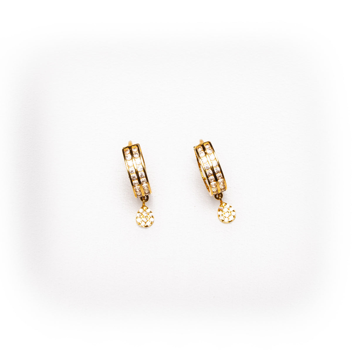 Luxury 22K Yellow Gold Dual-Row Cubic Zirconia Huggie Hoop Earrings | 1.55g High-Purity Solid Gold, Elegant Pavé Hoops with Hanging Disc Charms