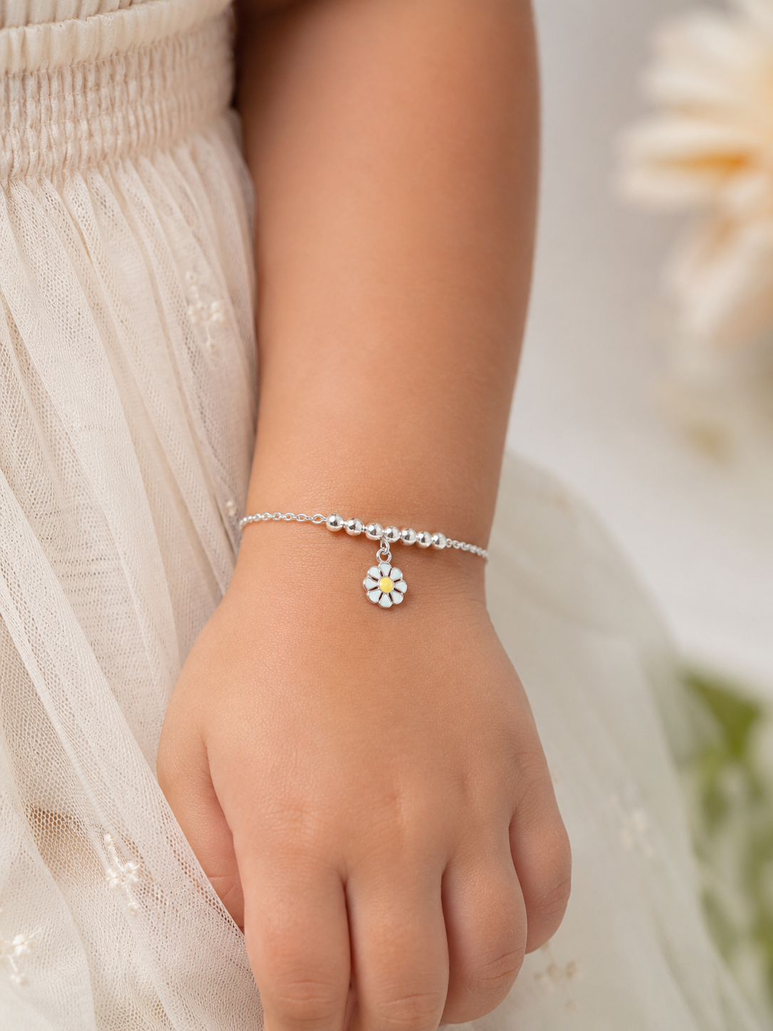 Sterling Silver Enamel Daisy Flower Kids Charm Bracelet | Delicate High-Polish Silver Bead Accent & Cable Chain Children's Keepsake Jewelry