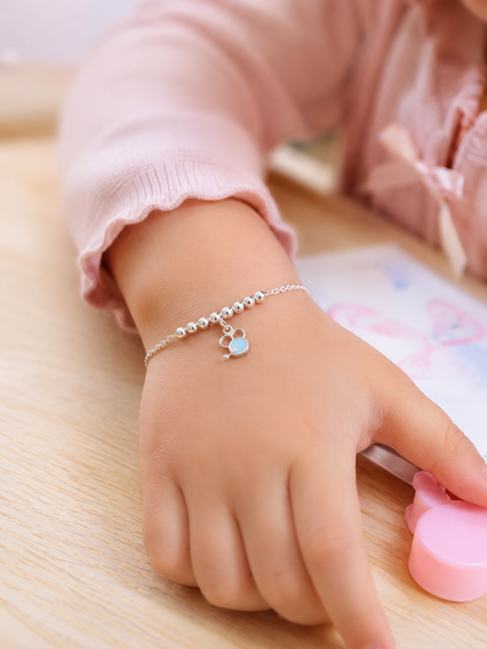 Sterling Silver Enamel Little Mouse Kids Charm Bracelet | High-Polish Silver Bead Station & Delicate Cable Chain Children's Keepsake Jewelry