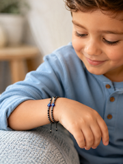 Sterling Silver Protective Evil Eye Kids Beaded Bracelet Set | Matte Black Onyx, Hematite Spacers & Vibrant Royal Blue Glass Charms, Adjustable Children's Talisman Jewelry