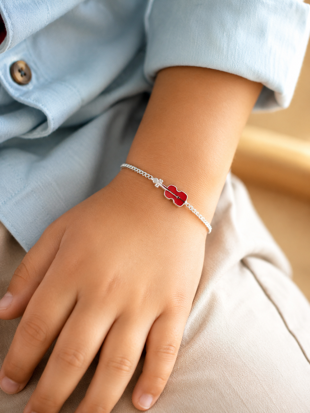 Sterling Silver Enamel Violin Musical Instrument Kids Bracelet | Vibrant Ruby Red & Polished Silver Details, Minimalist High-Polish Curb Chain Children's Fine Keepsake Jewelry
