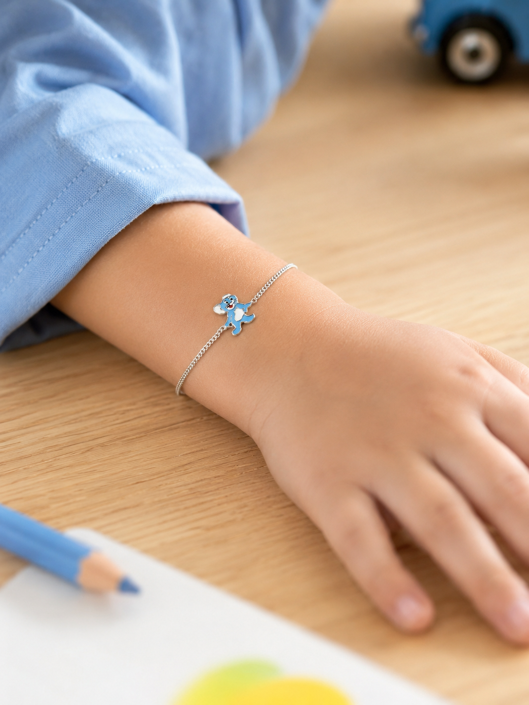 Sterling Silver Enamel Playful Cat Kids Bracelet | Vibrant Sky Blue & White Cartoon Character, High-Polish Minimalist Curb Chain Children's Keepsake Jewelry