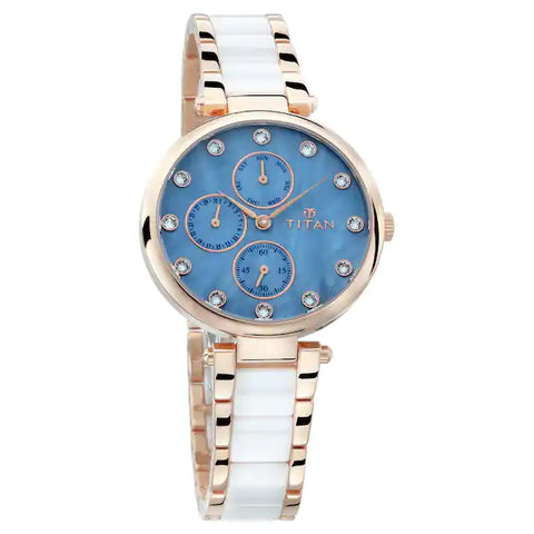 Blue Dial Multifunction Watch with Steel & Ceramic Strap