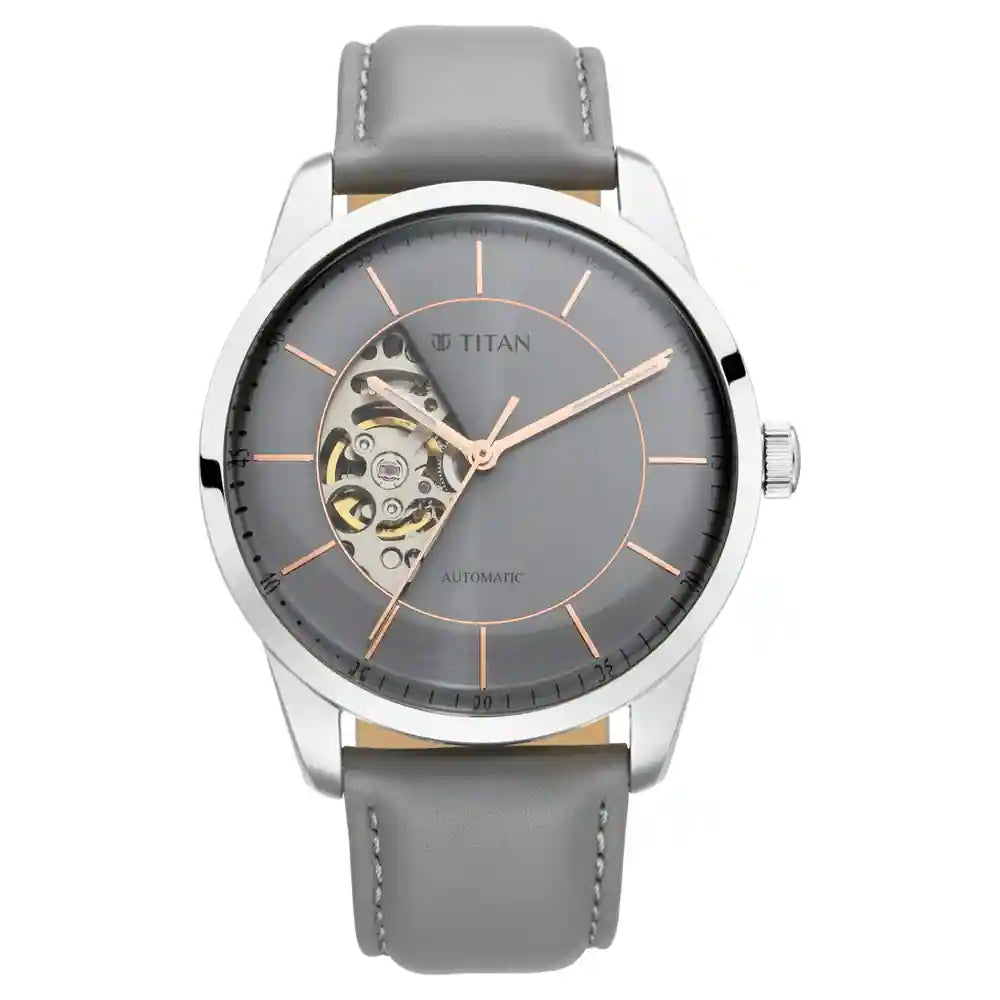 Titan Grey Leather Automatic Watch 90126SL01