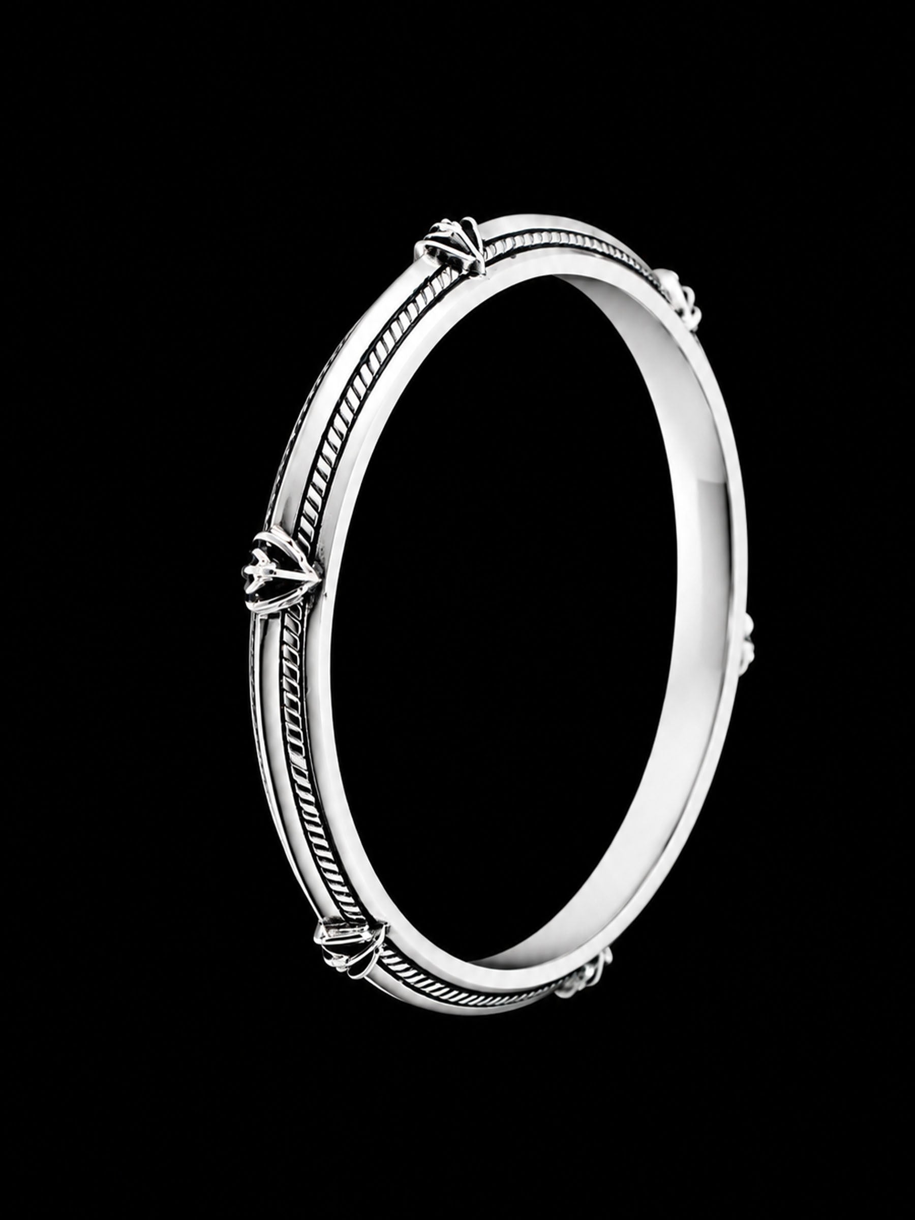 Men's Rope Inlay Sterling Silver Bangle | 925 Silver Studded Kada 73mm