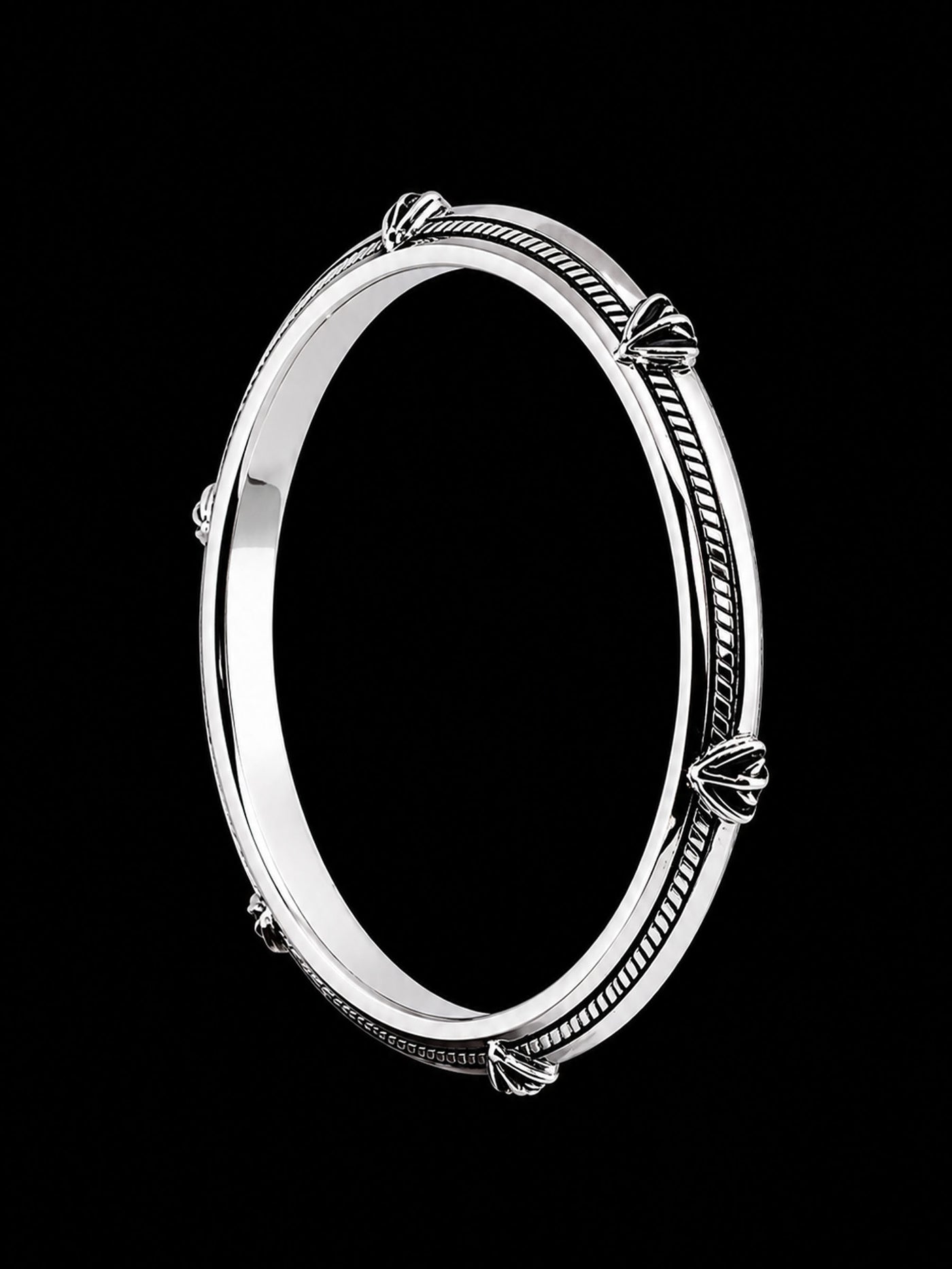 Men's Rope Inlay Sterling Silver Bangle | 925 Silver Studded Kada 73mm