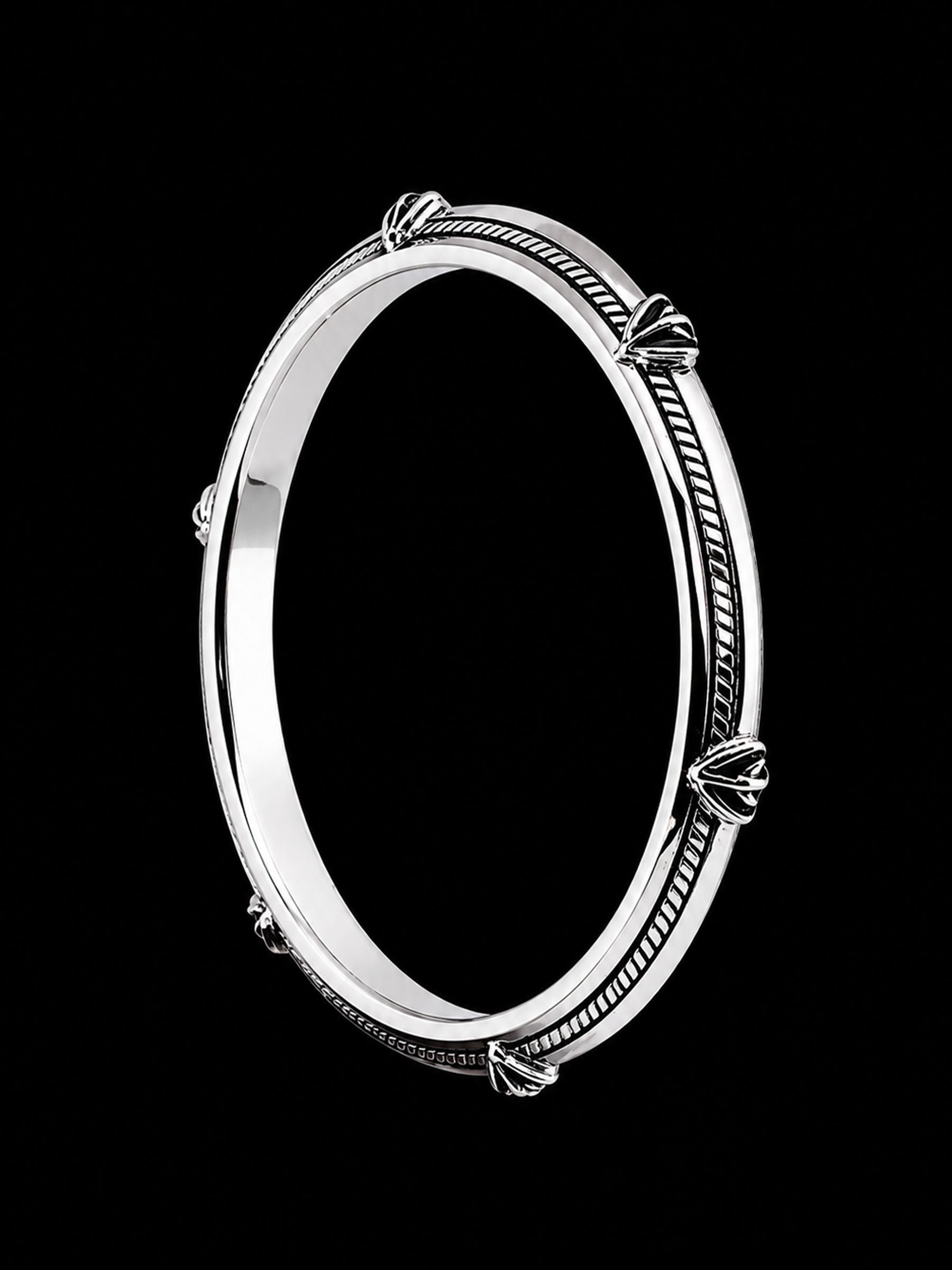 Men's Rope Inlay Sterling Silver Bangle | 925 Silver Studded Kada 73mm