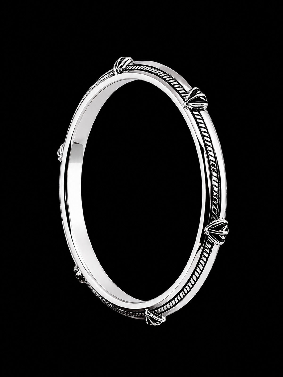 Men's Rope Inlay Sterling Silver Bangle | 925 Silver Studded Kada 73mm