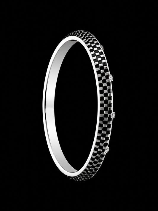 Men's Checkerboard Sterling Silver Bangle | 925 Silver Black Grid Kada 73mm