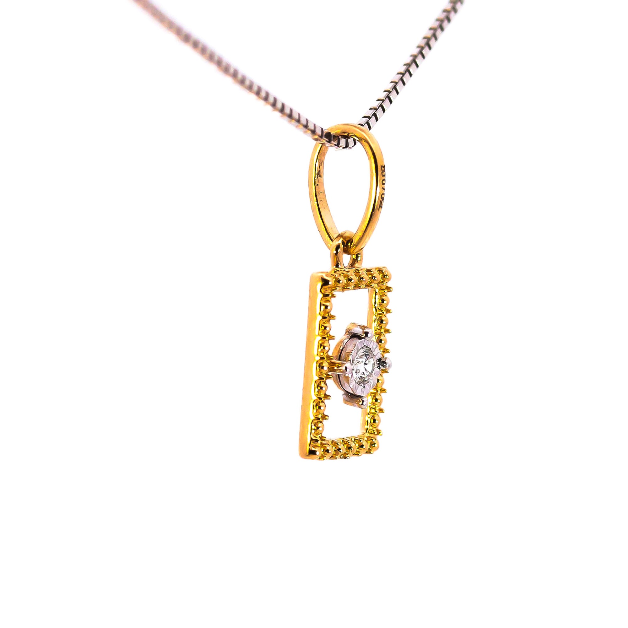 Minimalist 18K Two-Tone Gold Floating Solitaire Diamond Geometric Pendant | 0.02 CT Single VS-GH Accent Stone, 0.5g Dainty Rectangular Everyday Fine Jewelry