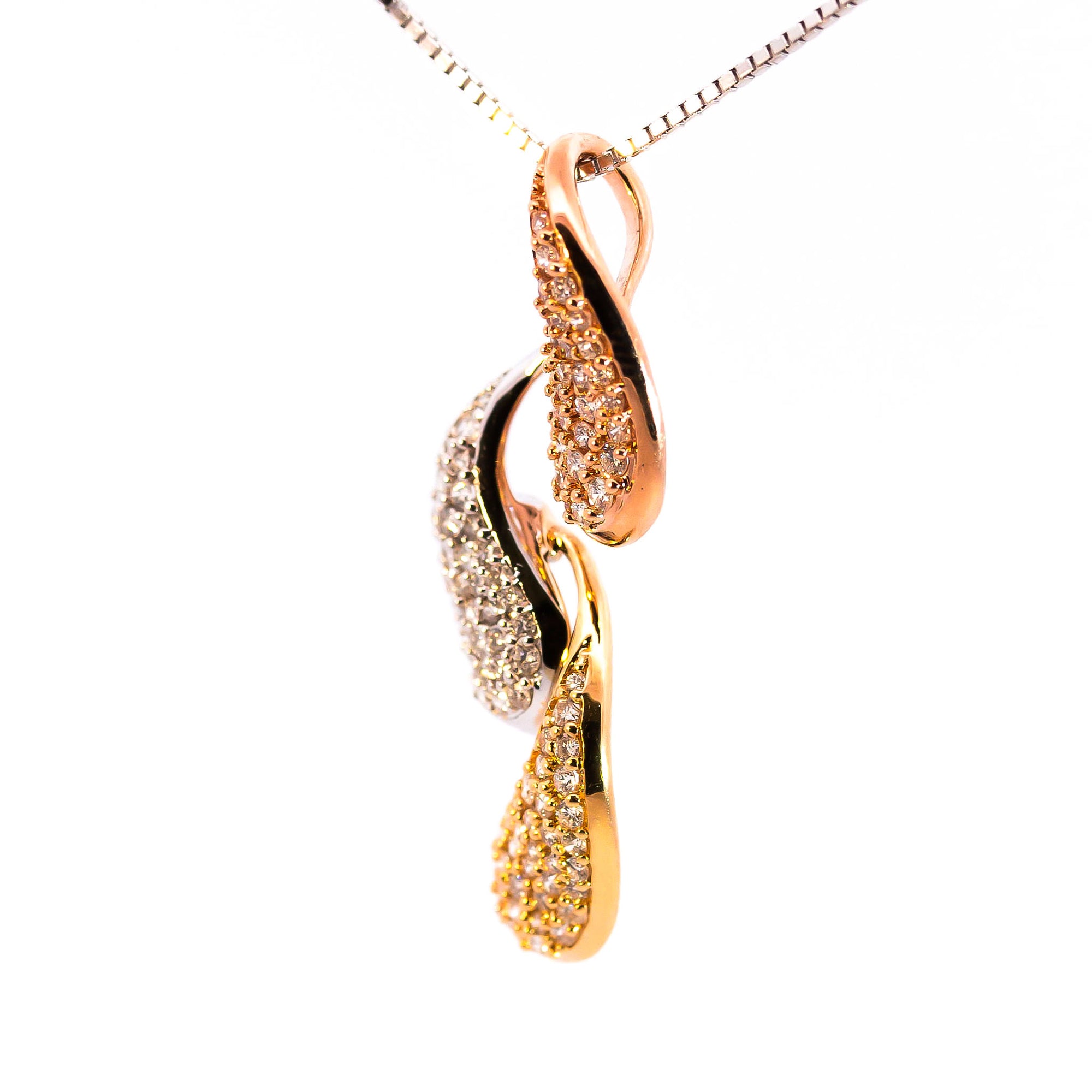 Luxury 18K Tricolor Gold Wave Pendant | 0.38 CT Brilliant VS-GH Diamonds, 103 Pave-Set Stones, Three-Tone Rose, White & Yellow Gold Luxury Fine Jewelry