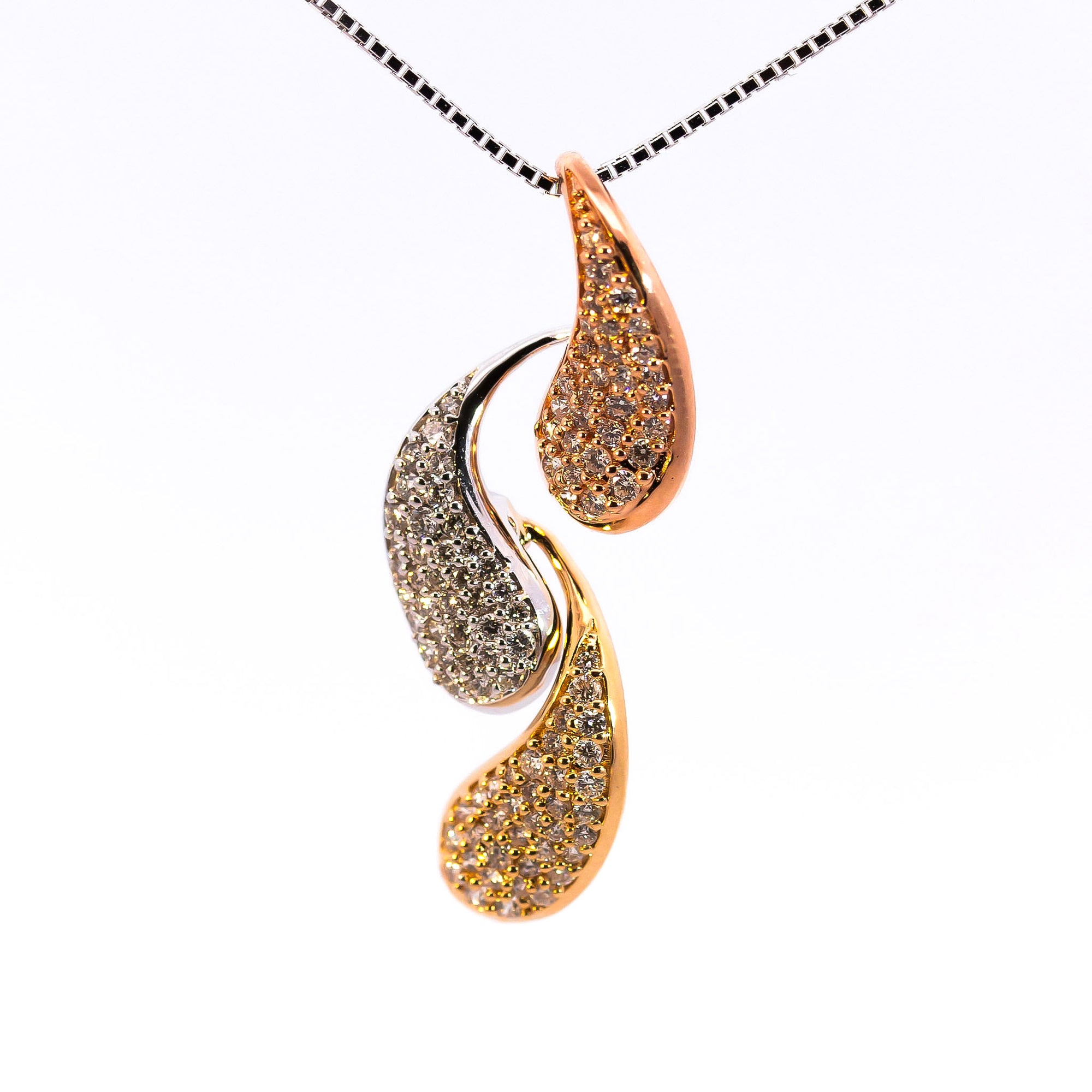 Luxury 18K Tricolor Gold Wave Pendant | 0.38 CT Brilliant VS-GH Diamonds, 103 Pave-Set Stones, Three-Tone Rose, White & Yellow Gold Luxury Fine Jewelry