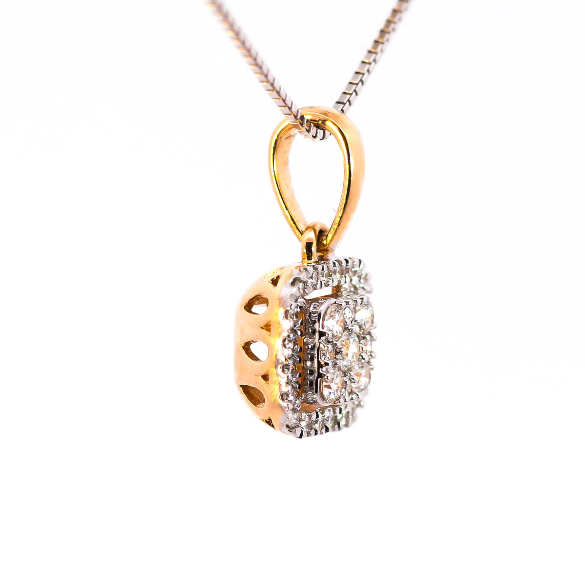 18K Gold Two-Tone Cushion Halo Diamond Cluster Pendant | Brilliant VS-GH Diamond Centerpiece, Pave-Set Border, Elegant Double-Layer Geometric Fine Jewelry