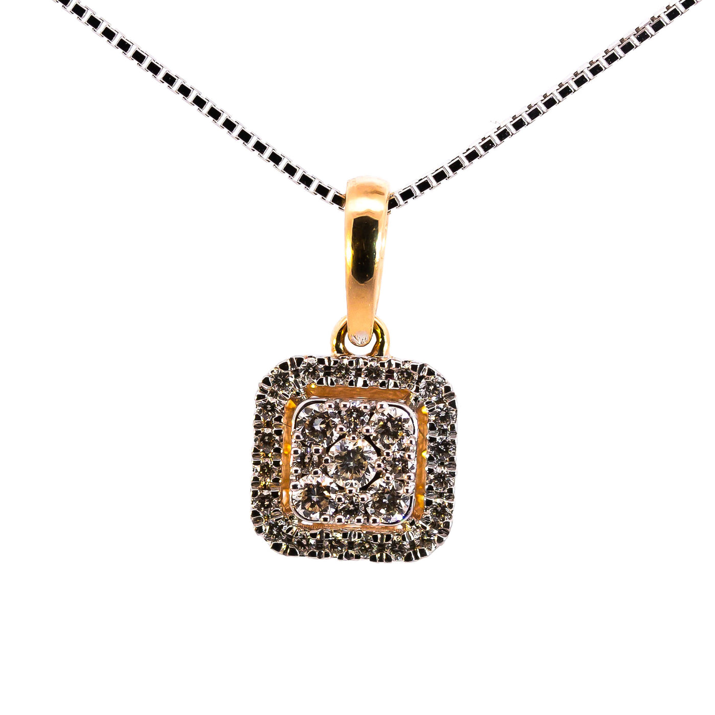 18K Gold Two-Tone Cushion Halo Diamond Cluster Pendant | Brilliant VS-GH Diamond Centerpiece, Pave-Set Border, Elegant Double-Layer Geometric Fine Jewelry