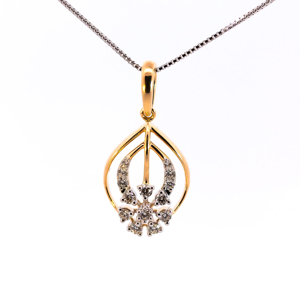 18K Yellow and White Gold Floral Marquise Diamond Pendant | 0.20 CT Brilliant VS-GH Accent Diamonds, 14 Hand-Set Stones, Architectural Openwork Fine Jewelry